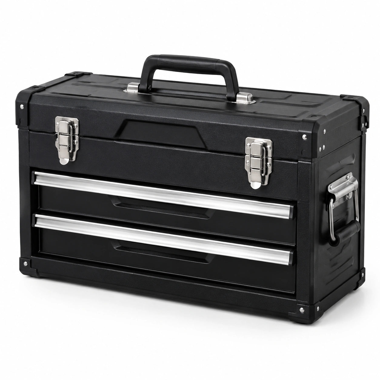 Tragbarer Werkzeugkasten mit 2 Schubladen und Staufach, 51 × 26 × 36 cm, Schwarz/Silber