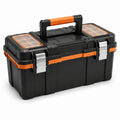 Werkzeugkasten mit Kleinteilefächern und Metallverschlüssen, Schwarz/Orange/Silber, 56 × 28 × 30 cm