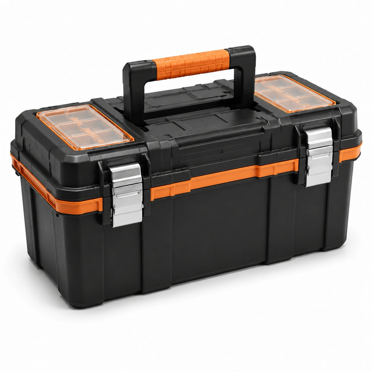 Werkzeugkasten mit Kleinteilefächern und Metallverschlüssen, Schwarz/Orange/Silber, 56 × 28 × 30 cm